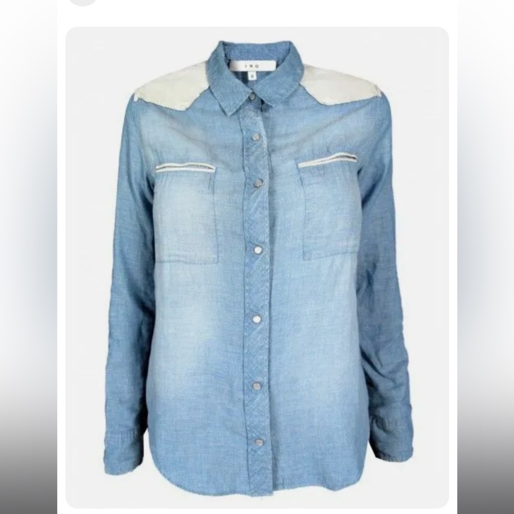 IRO TRAVIS Snap Front Shirt Blue Lambskin Leather inserts accent Long roll Two 2